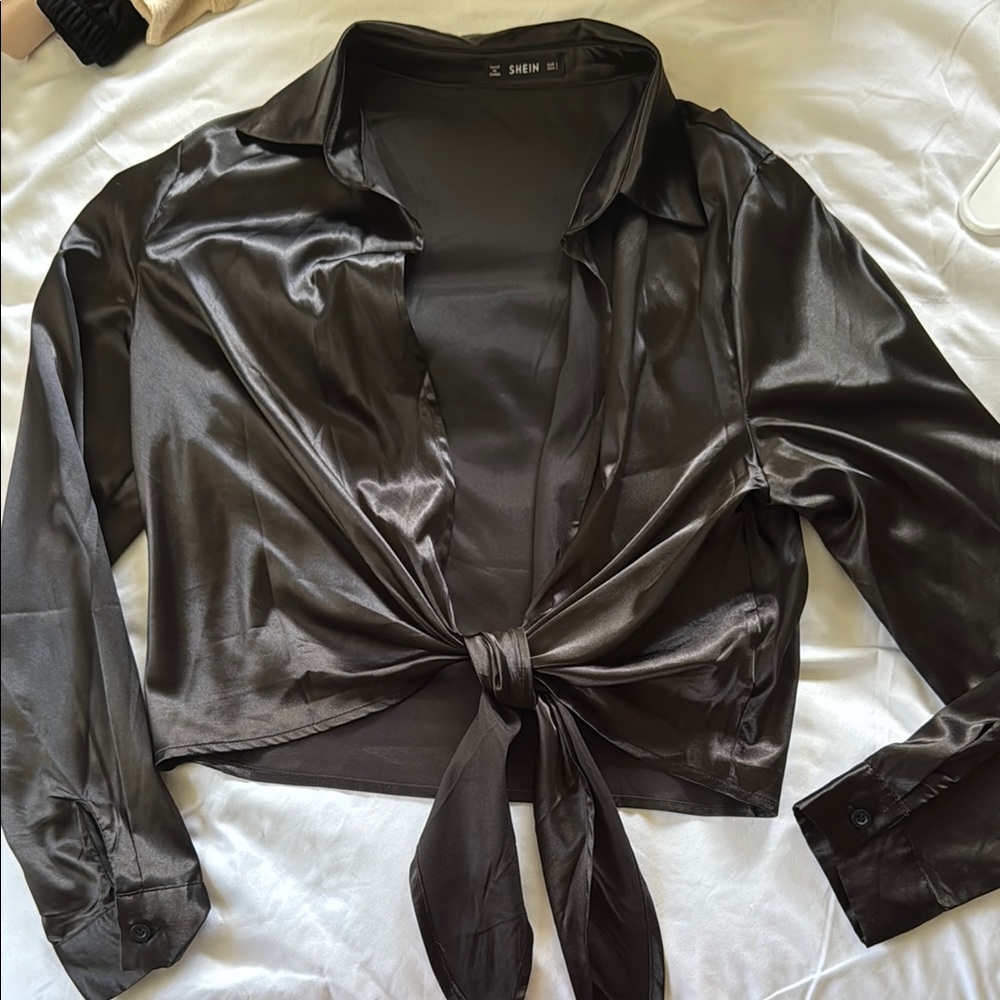 SHEIN Women's Black Satin Tie-Front Top